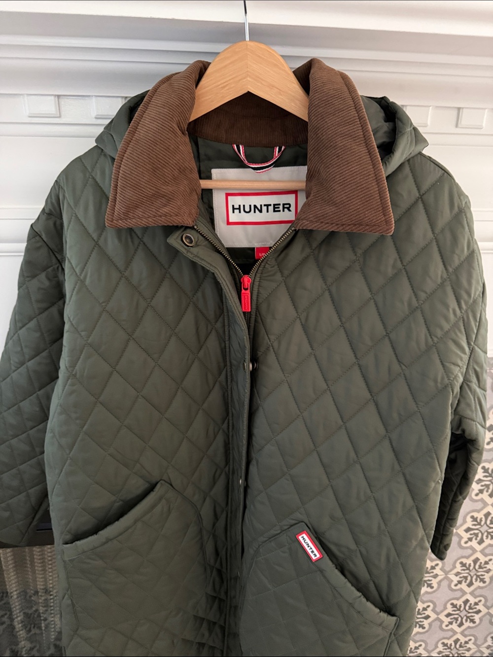 RARE Hunter Quilted Barn Jacket Puffer LONG Corduroy Collar Green NWT L M - Picture 6 of 6